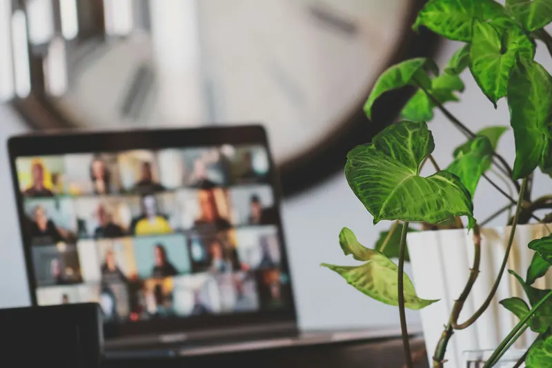 Un portátil con una videollamada grupal abierta, junto a una planta.