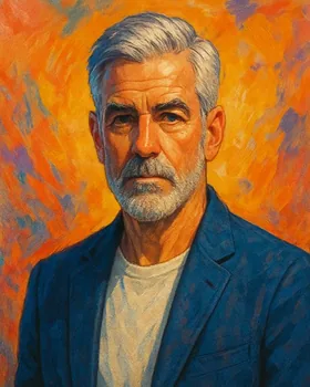 Retrato pintado de Don Tiburcio Platafina, un personaje de canas y barba gris, con saco azul, sobre un fondo naranja.